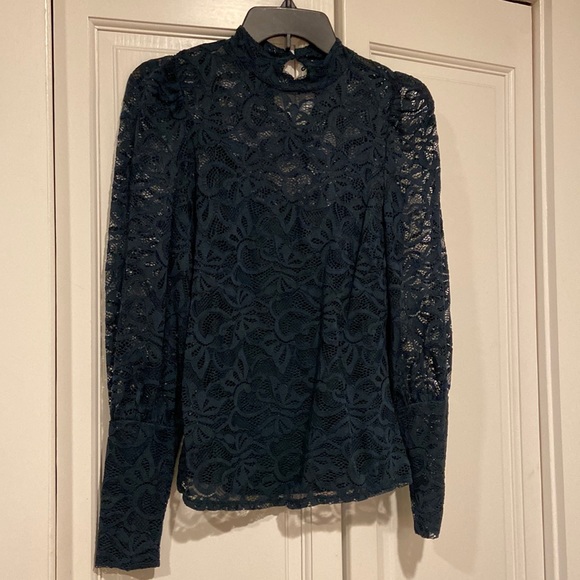Jewel-Tone Green/Teal Lace Puff-Sleeve Top with Tank Underlay - Size Small - Picture 5 of 8